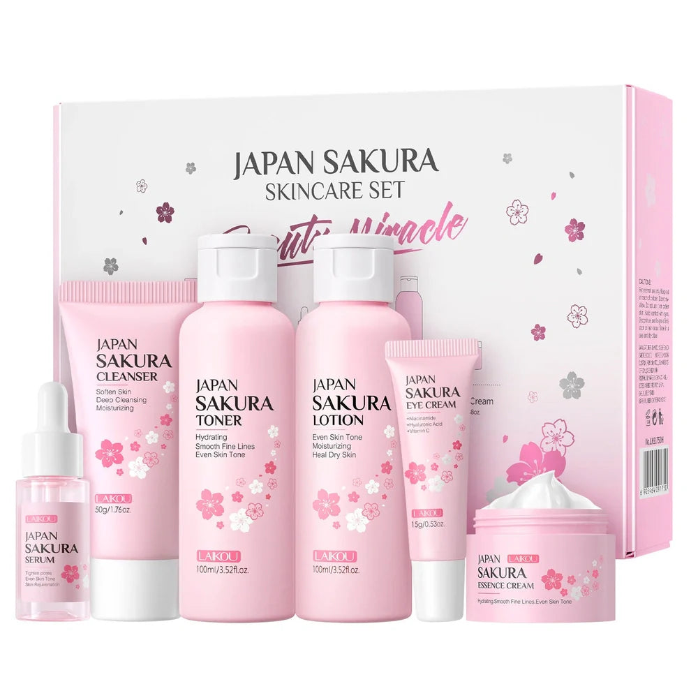 Cherry Blossom Skin Care Set with six facial care products including cleanser, toner, cream, and treatments