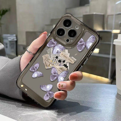Purple butterfly TPU iPhone case in transparent black or white with lens fine hole and soft shell