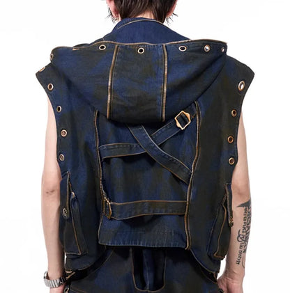 Korean style hooded denim vest coat jacket with matching blue trousers