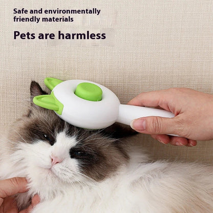 Dual-purpose pet grooming brush with self-cleaning design, available in greenish white and orange white colors