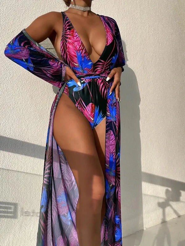 Women's three-piece polyester swimsuit set with one-piece swimsuit and matching cover-up in a pattern design.