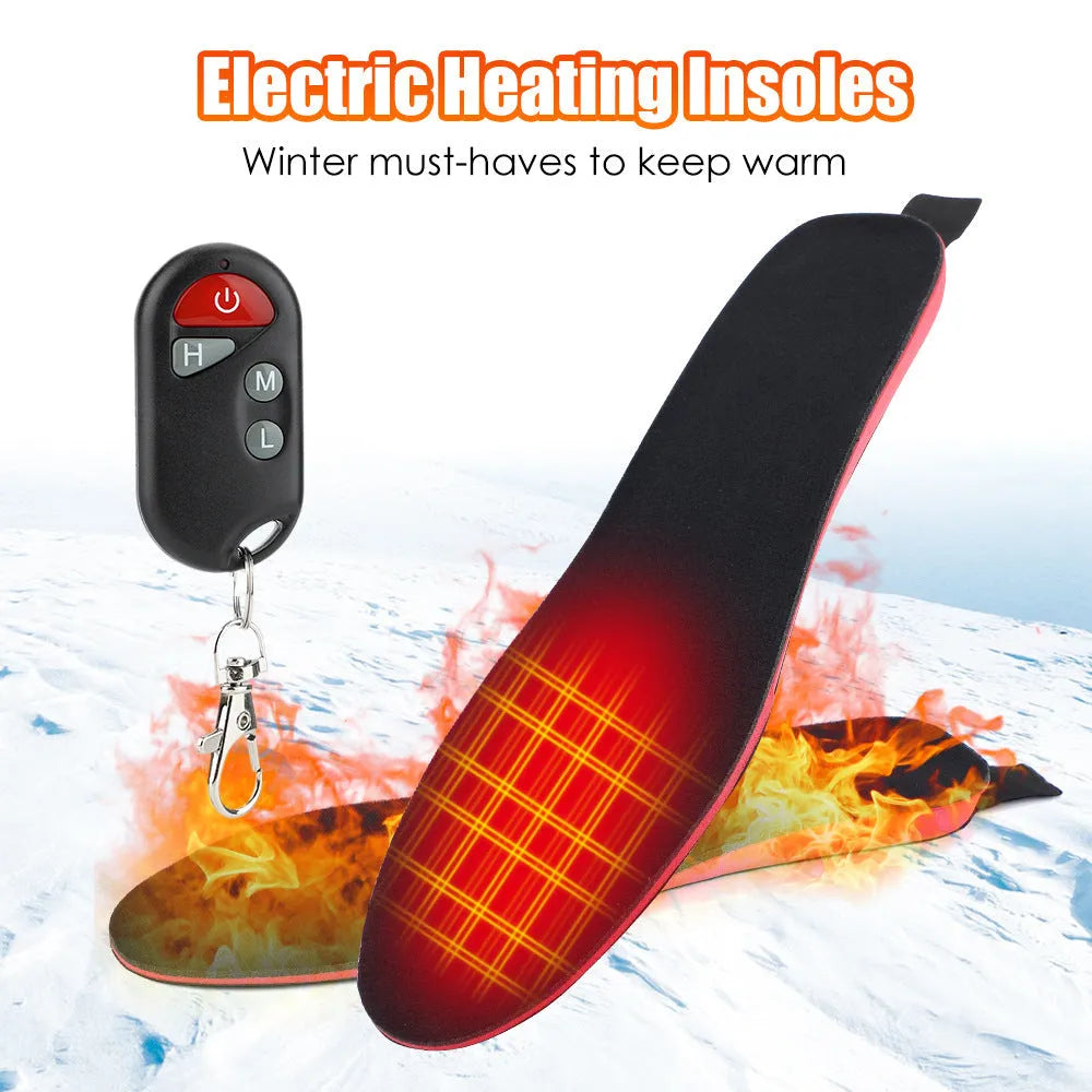 Rechargeable heated boot insoles with remote control and cable, shown on a white background.