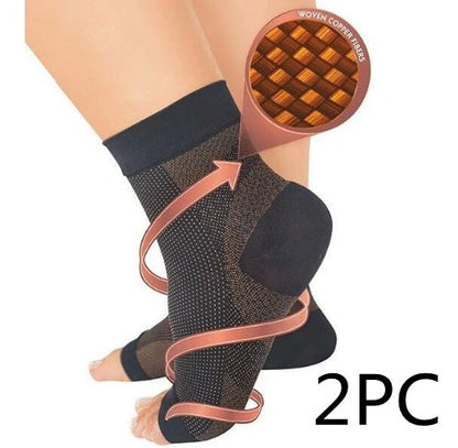 Anti-fatigue compression foot sleeve in black, red, or white, featuring moisture-wicking fabric and a heel hole for breathability.