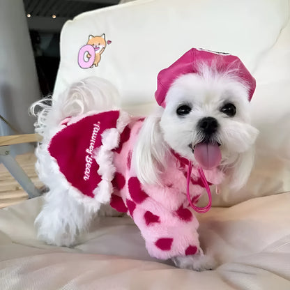 Pink plush warm coat on small dog showing British style design with polyester construction