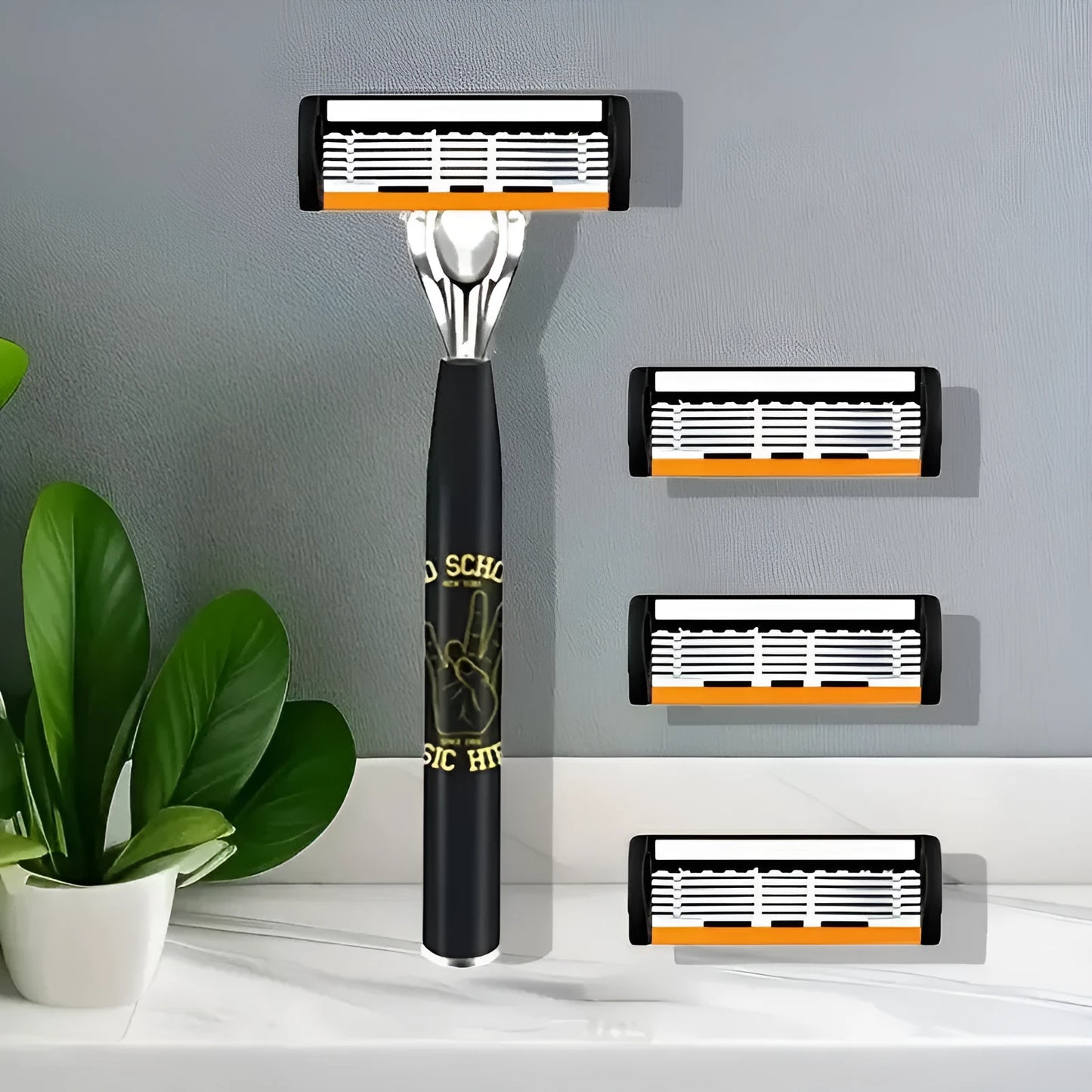 Black manual shaver finger handle with six-layer blade design showing multiple blade configurations