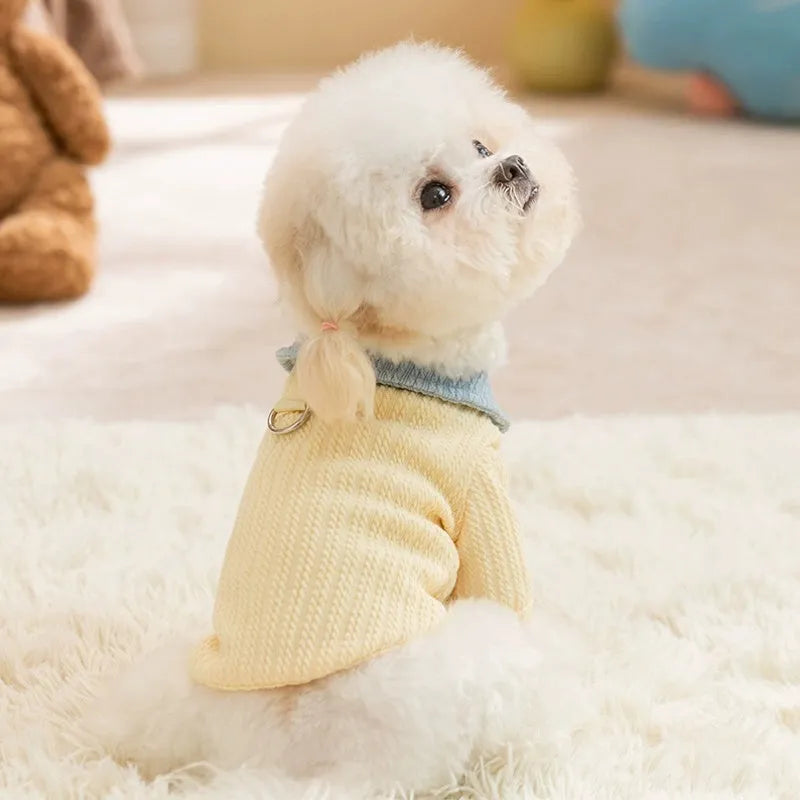 Yellow two-legged dog shirt with bow tie collar for small and medium dogs, sizes XS-XXL