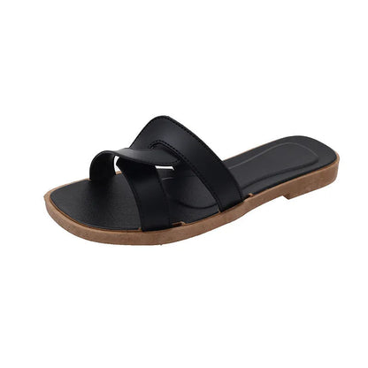 Women's PVC toe ring slippers with solid colour cross straps and non-slip sole