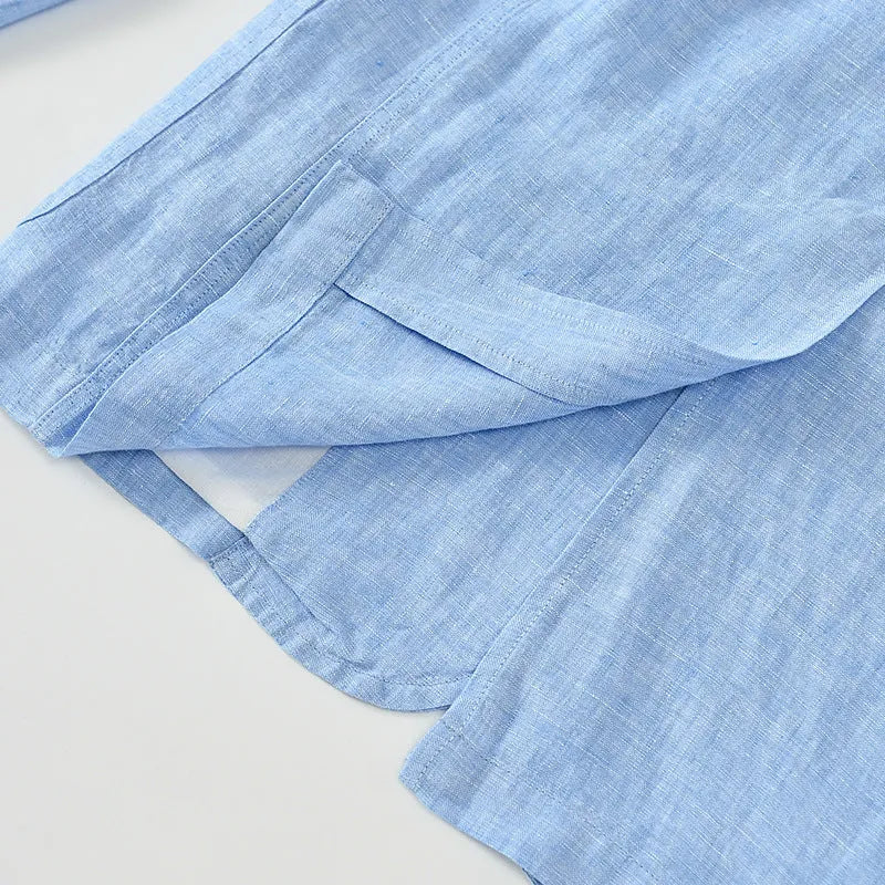 Men's lightweight linen blazer coat in solid colour on hanger showing simple design and size stick pocket