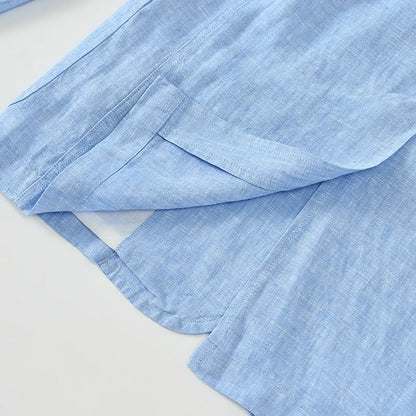 Men's lightweight linen blazer coat in solid colour on hanger showing simple design and size stick pocket