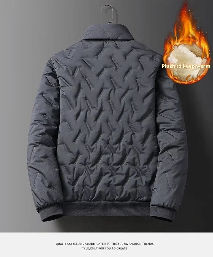 Men's grey fleece zipper jacket and tapered pants set with turn-down collar and zippered pockets