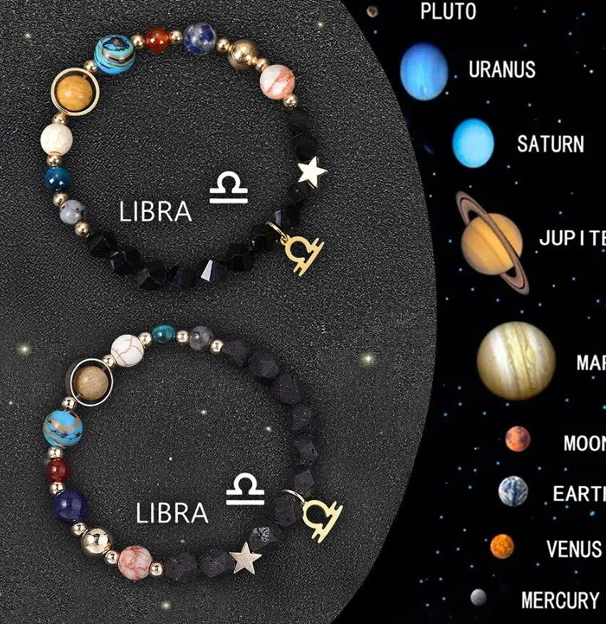 Two natural stone zodiac sign bracelets with adjustable cords showing hand-strung bead designs