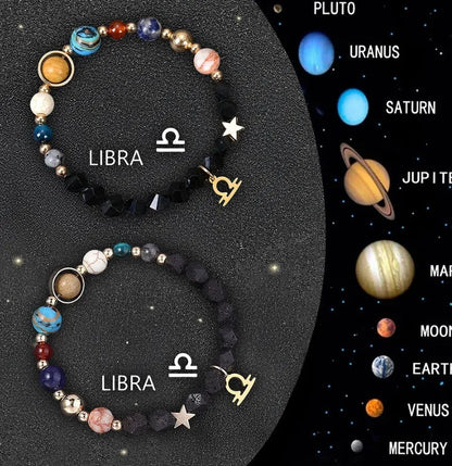 Two natural stone zodiac sign bracelets with adjustable cords showing hand-strung bead designs