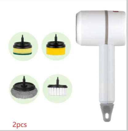 Electric cleaning brush with plastic housing, three brush heads, and 1200mA battery, shown in white, green, or pink
