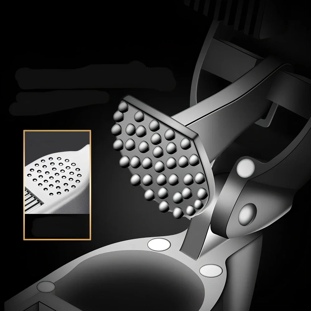 Silver aluminium garlic press with 20cm handle and integrated cleaning tool for unpeeled garlic crushing
