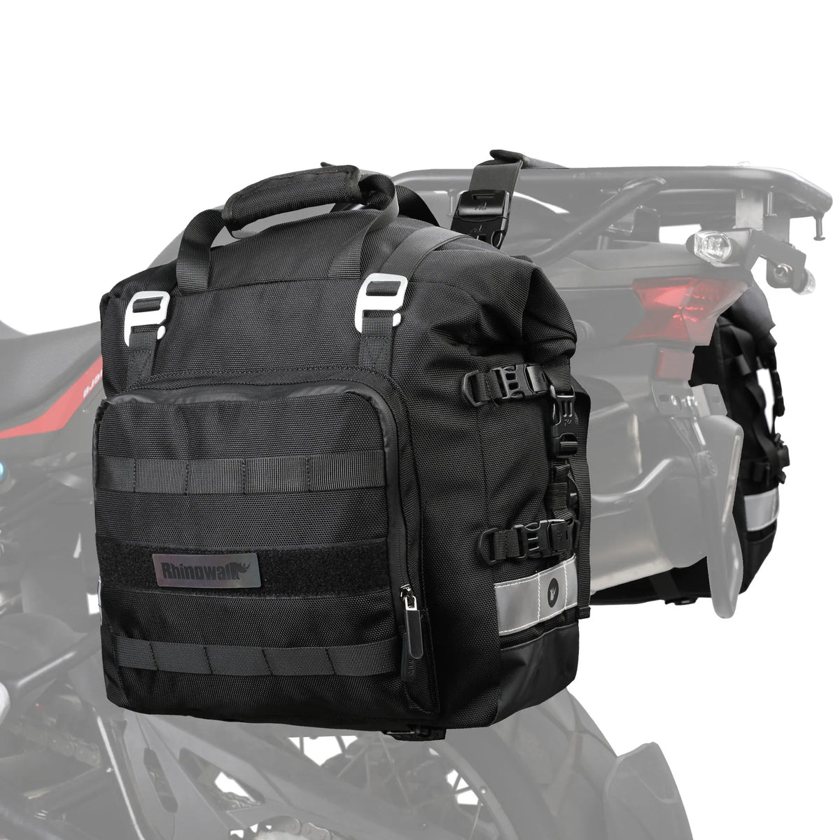 20 litre quick-release motorcycle side bag in army green or black polyester.