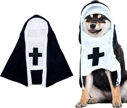 Black and white nun costume cloak for a small dog on a Halloween backdrop.