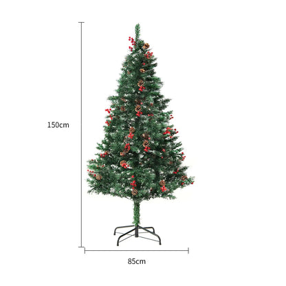 Green and white snow-dusted artificial Christmas tree on a metal stand, showing detailed PVC branches.