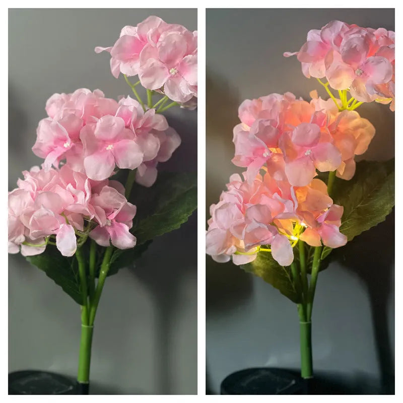 Solar powered hydrangea shaped garden floor light with rubber body in pink purple blue green or white