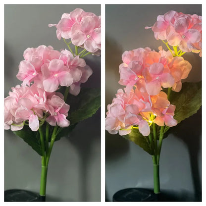 Solar powered hydrangea shaped garden floor light with rubber body in pink purple blue green or white