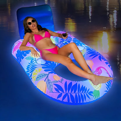 White luminous inflatable floating bed with backrest recliner seat in swimming pool