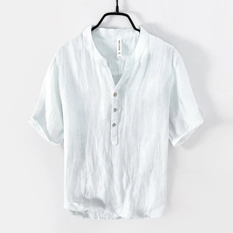 Linen pullover top in solid colour with short sleeves on hanger