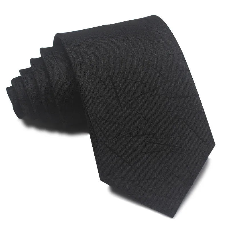 Close-up of a red and black striped men's business tie with a textured Jacquard weave, showing the 8cm width and arrow point shape.