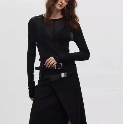 Black slim-fit mesh texture long sleeve pullover on a hanger.