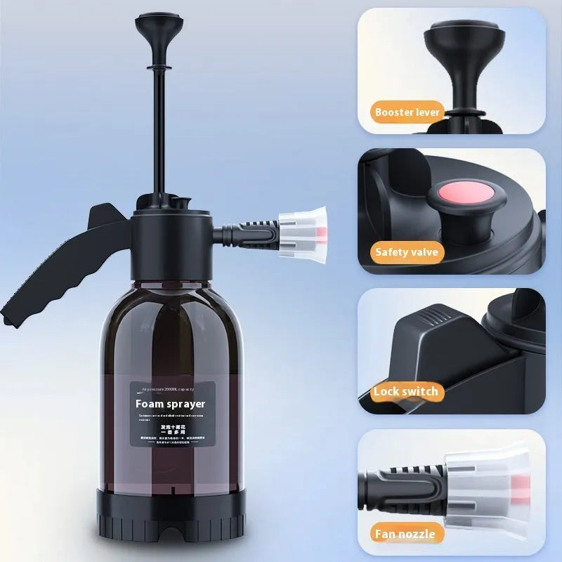 Black 2L foam sprayer bottle with ergonomic handle, aluminium pump rod, and switch lock for hands-free use.