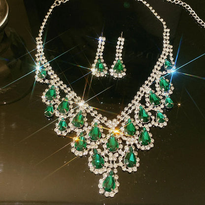 Rhinestone drop tassel necklace set with emerald alloy pendant and 51-80cm clavicle chain