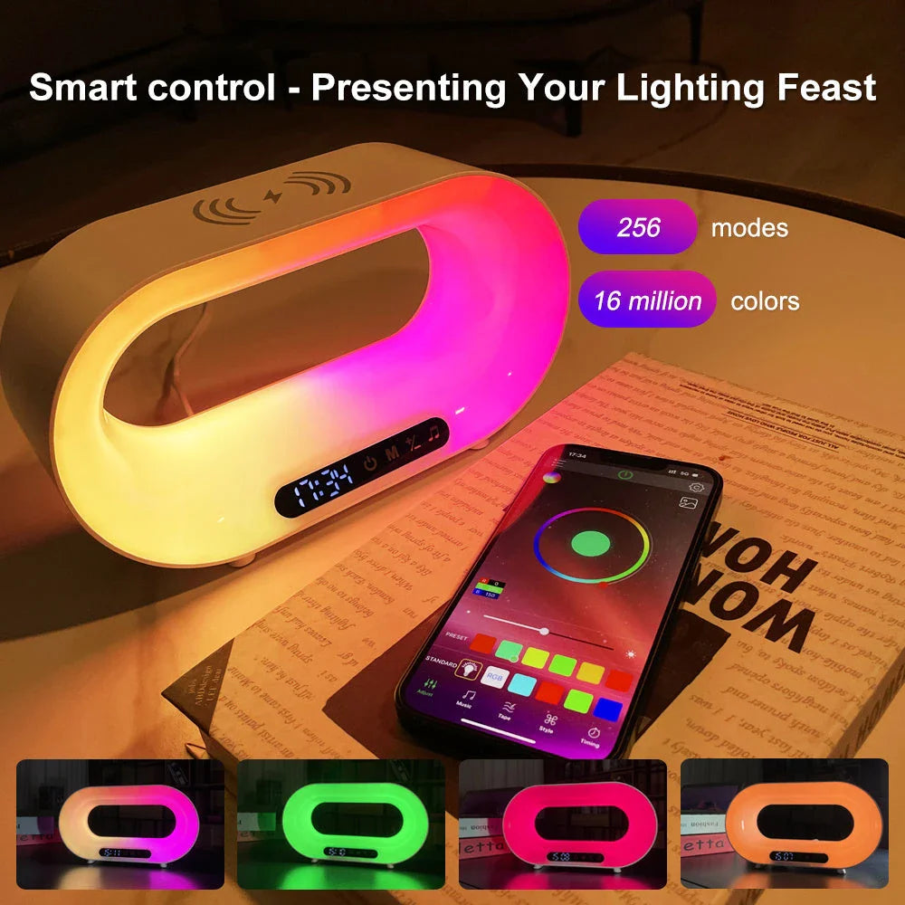 Multifunctional wireless charging desk lamp with dimmable RGB LED lighting, alarm clock, and fast wireless charging pad