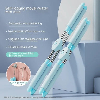 Blue and pink children's adjustable open back yoga stick for fitness body shaping, showing length adjustment.