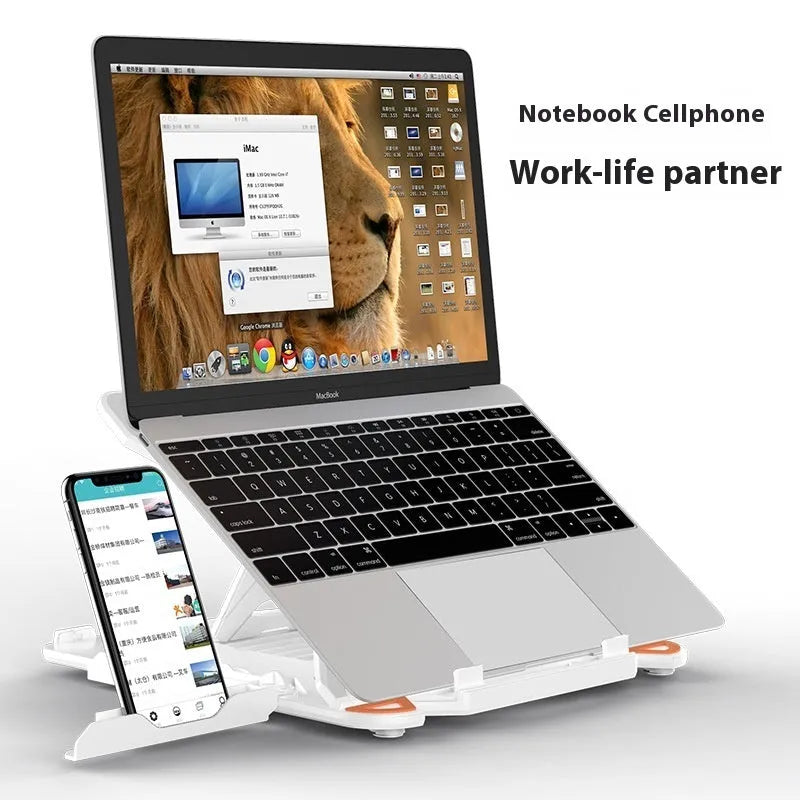 Black and white ABS plastic laptop bracket stand on a desk, showing its 300mm width and low 22mm profile.