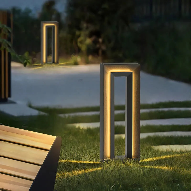 Square geometric garden lamp with abstract design in stainless steel acrylic, 62cm tall