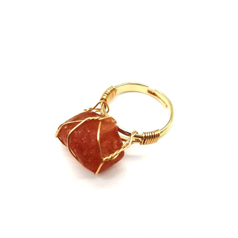 Adjustable hand-wrapped rough stone agate ring in various colours with ethnic design