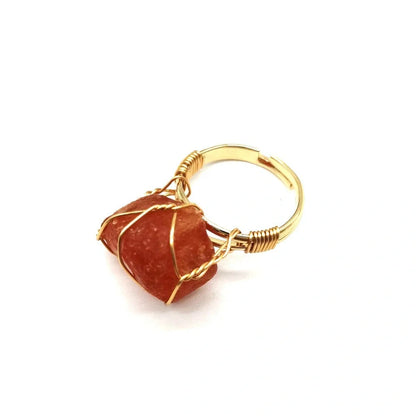 Adjustable hand-wrapped rough stone agate ring in various colours with ethnic design