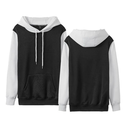 Man wearing a white loose fleece-lined hoodie with contrast stitching, showing the pullover style and hood.