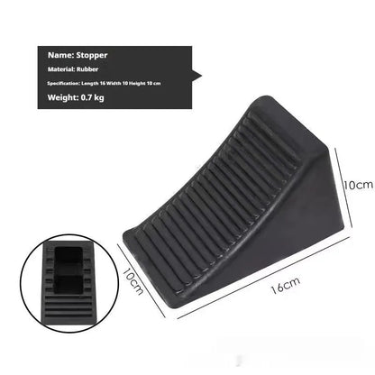 Portable car anti-slip retainer wedge with isosceles triangle design on a ramp.