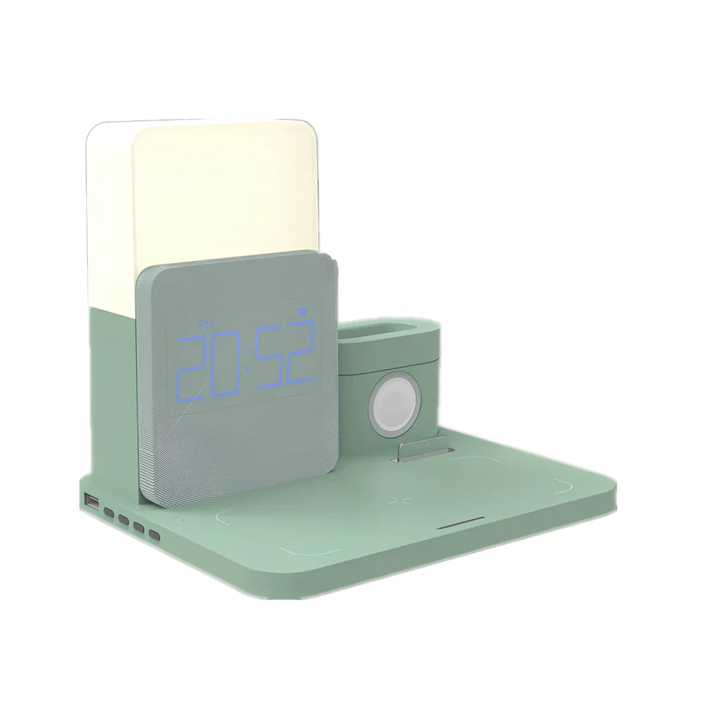 Black 3-in-1 Qi wireless charger stand with clock, night light, and zones for iPhone, Apple Watch, AirPods; 202mm height, ABS build