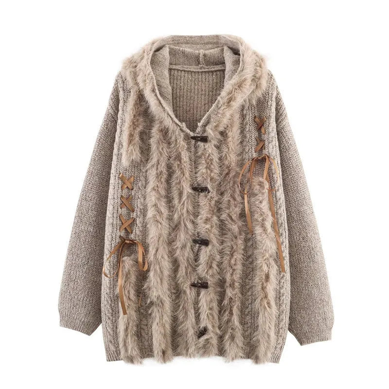 Women's striped hoodie knitted coat with horn button and contrast colour detail in gray or khaki