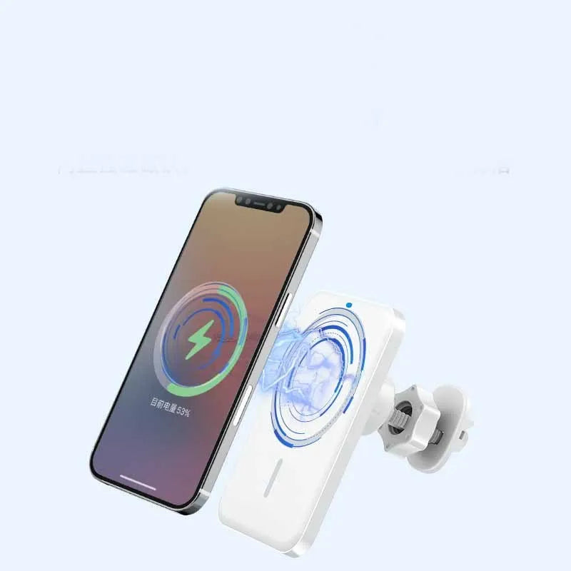 Black car magnetic wireless charging bracket mounted on air vent with phone attached
