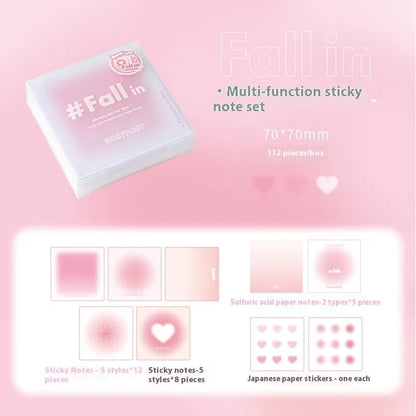 Square 70mm gradient parchment notepad set with sticky notes, plain paper, and stickers in blush colour.