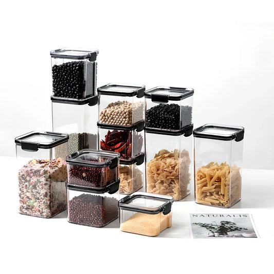 Transparent 8-piece airtight plastic grain containers set, BPA-free PET with TPR lids, sizes 0.7L to 1.8L, total 1.85kg for kitchen storage