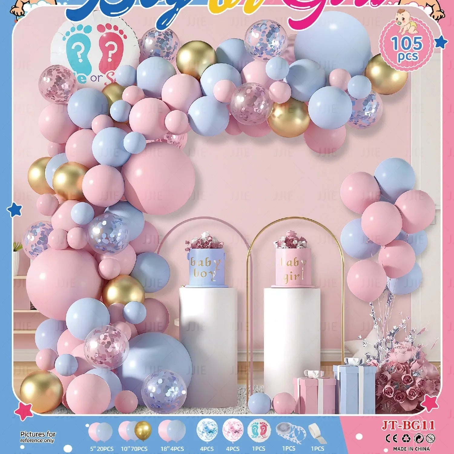 Baby gender reveal balloon decoration suit with metallic aluminium film balloons in pink and blue