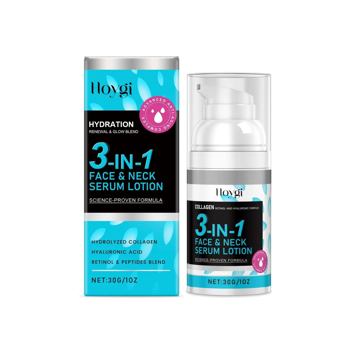 30g 3-in-1 Face Neck Serum Lotion bottle with collagen, retinol, and hyaluronic acid formula
