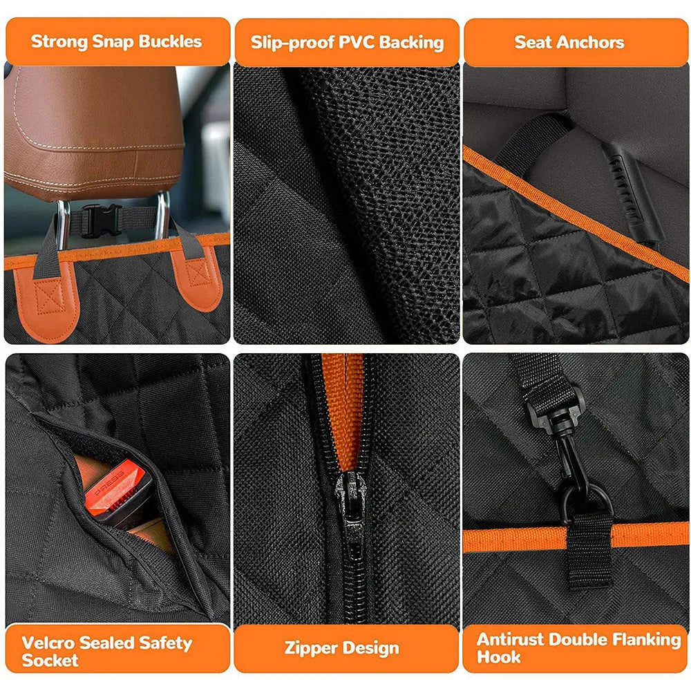 Black and orange edged waterproof dog car seat cover hammock made from 600D Oxford cloth