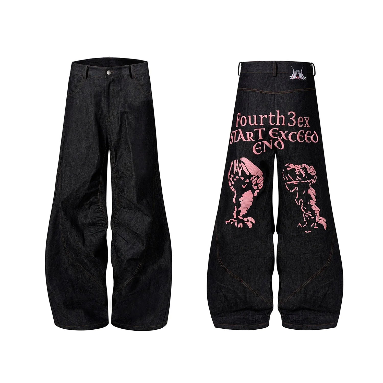 Black wide leg jeans showing loose straight fit and colour-changing embroidered red ear detail.
