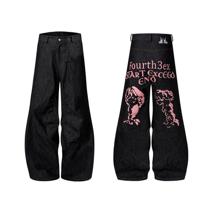 Black wide leg jeans showing loose straight fit and colour-changing embroidered red ear detail.