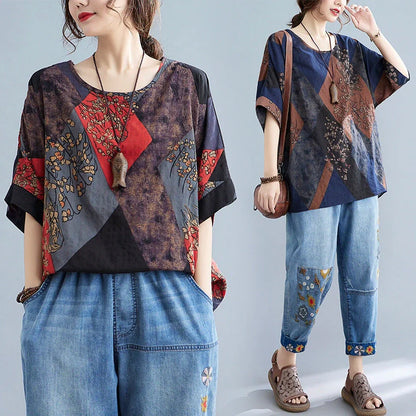 Stylish women's retro-inspired t-shirt in vibrant yellow, red, and brown printed design
