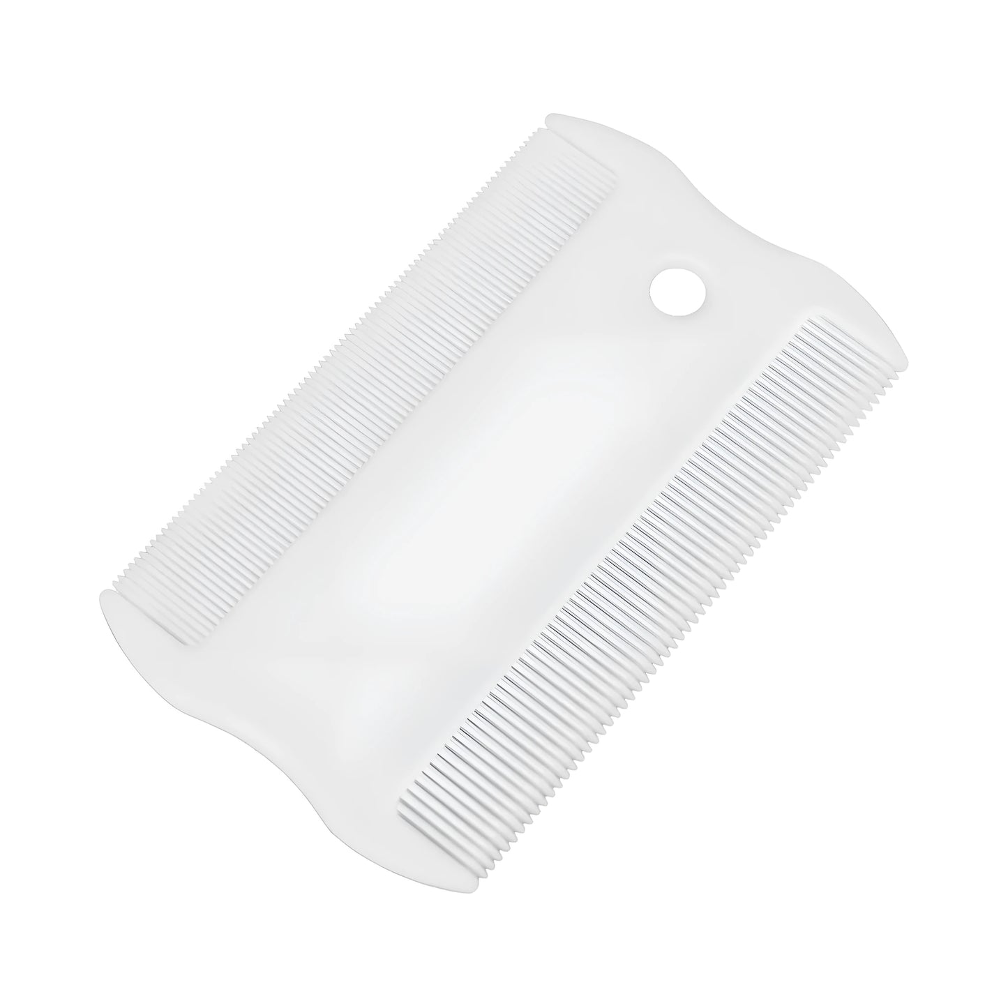 Double-sided plastic flea comb for pets showing dense teeth on one side and a fine-tooth grate on the other.