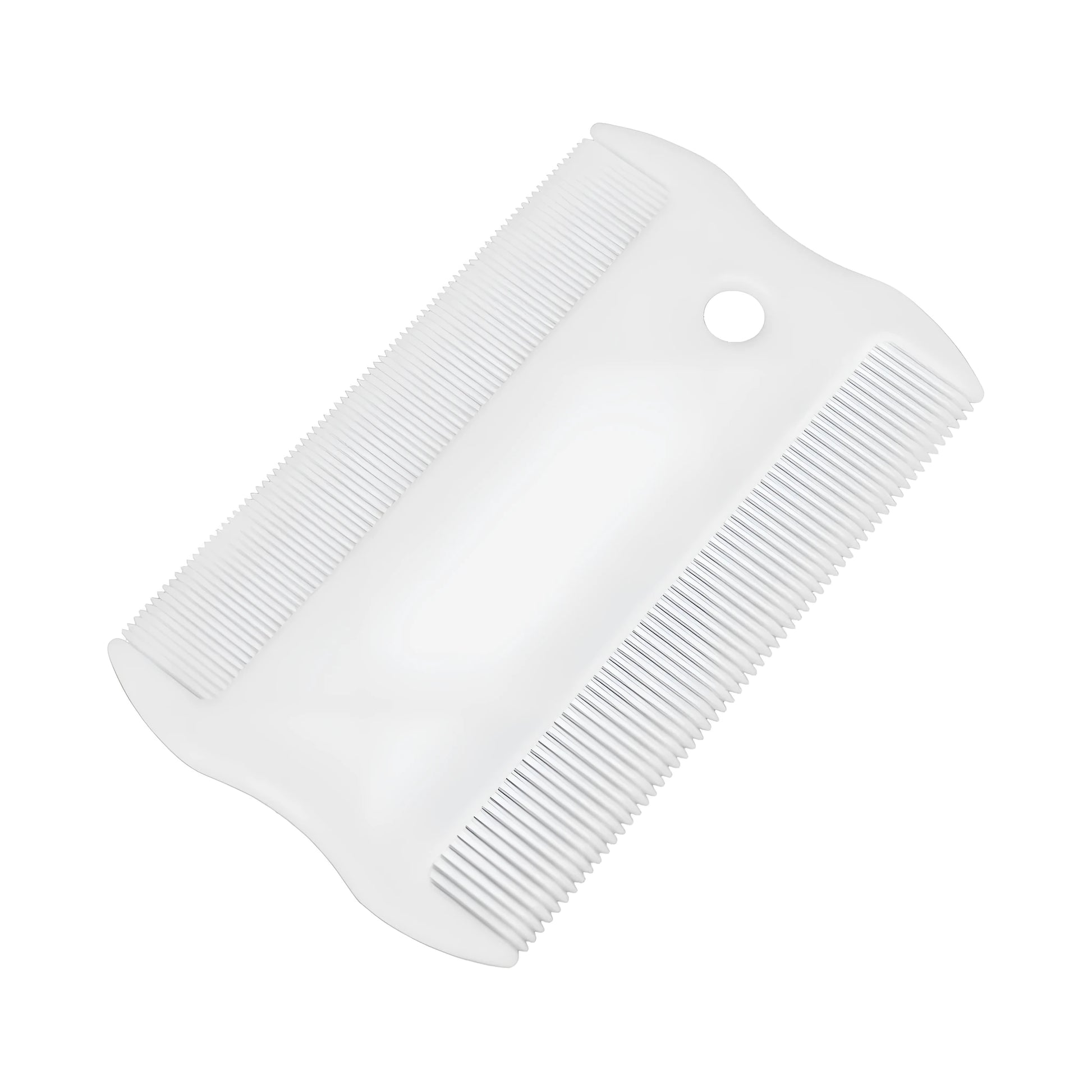Double-sided plastic flea comb for pets showing dense teeth on one side and a fine-tooth grate on the other.